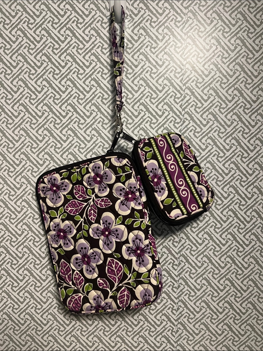 Vera Bradley Purple & Green Quilted Wristlet Wallet Case with Accessory Pouch